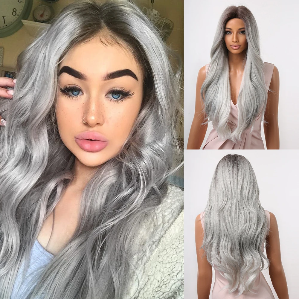 

Long Wavy Wigs Grey Ombre Synthetic Wigs for African American Women Cosplay Daily Hair Wigs Middle Part Heat Resistant Fiber