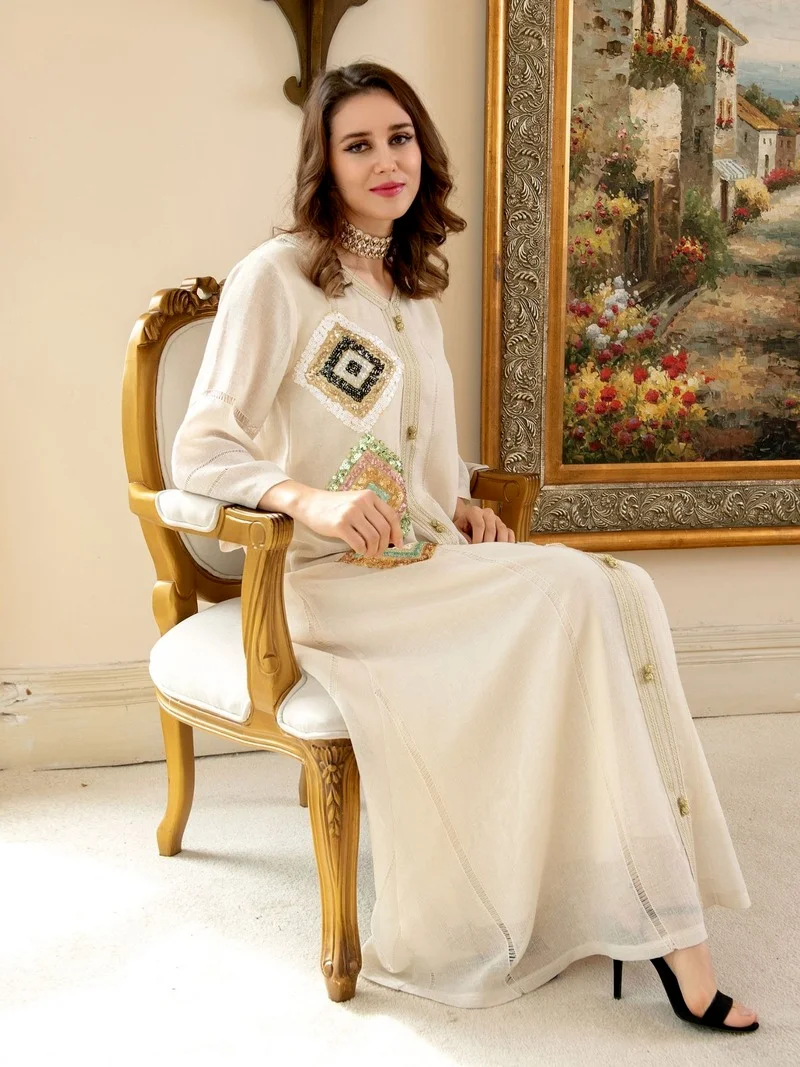 Morocco Cotton Linen Long Dress Muslim Women Ramadan Long Abayas Robes Fancy Maxi Dress French Stylish Party Dress Spring 2022