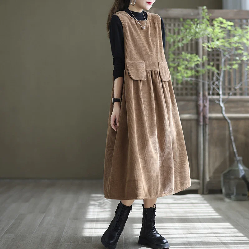 

NINI WONDERLAND 2022 Autumn Winter Cotton Corduory Dress Women Sleeveless Loose Casual Dress Female Vintage Dresses