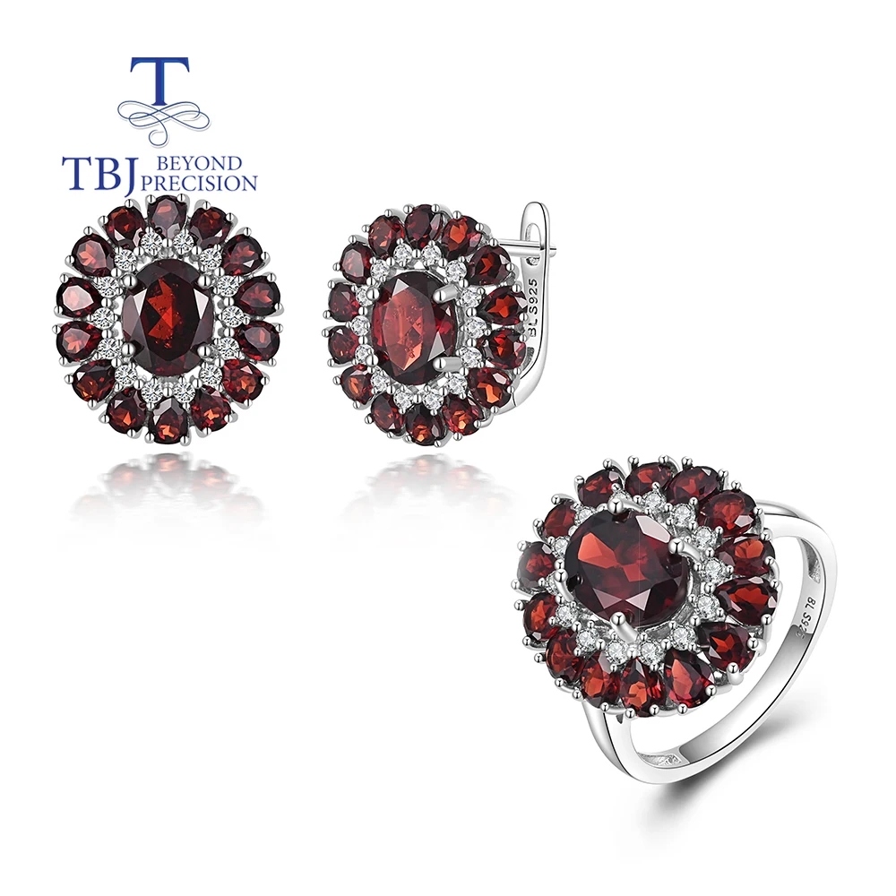 

Light luxury natural red garnet ring Earrings jewelry set gorgeous design for women 925 sterling silver anniversary party