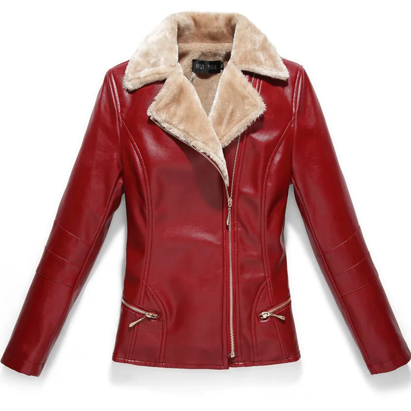 

Autumn and winter women's leather jacket PU leather plus velvet thick motorcycle jacket short section fur one large size