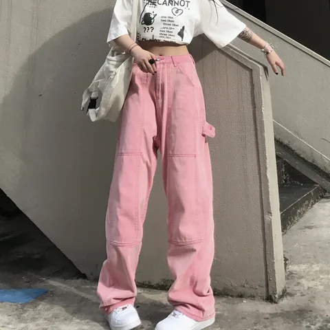 Pink Jeans for Women Punk Hippie Streetwear Wide Leg Trouser Harajuku Academic Denim Pants Vintage Full Length Streetwear