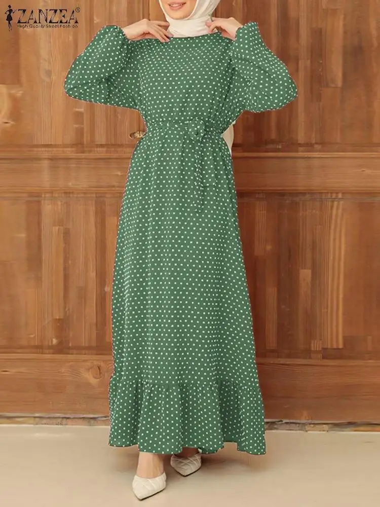 

Women Sundress ZANZEA 2022 Stylish Muslim Printed Dress Autumn Casual Puff Sleeve Polka Dots Ruffle Vestidos Robe Femme Oversize