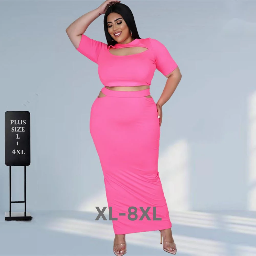 Plus Size Two Piece Set Women 5xl Wholesale Skirts Suit Solid Crop Top with Bandage Elastic Waist Maxi Skirt s 3xl 4xl 5xl 6xl