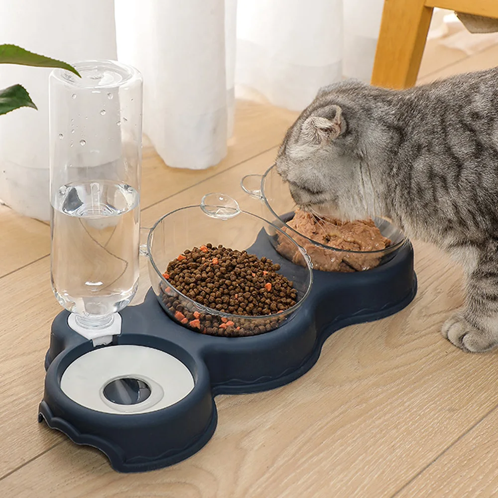 

3 In 1 Pet Bowl Automatic Feeder Water Dispenser Fountain Double Bowls Cat Food Container Drinking Raised Stand 1Set Dish Bowles