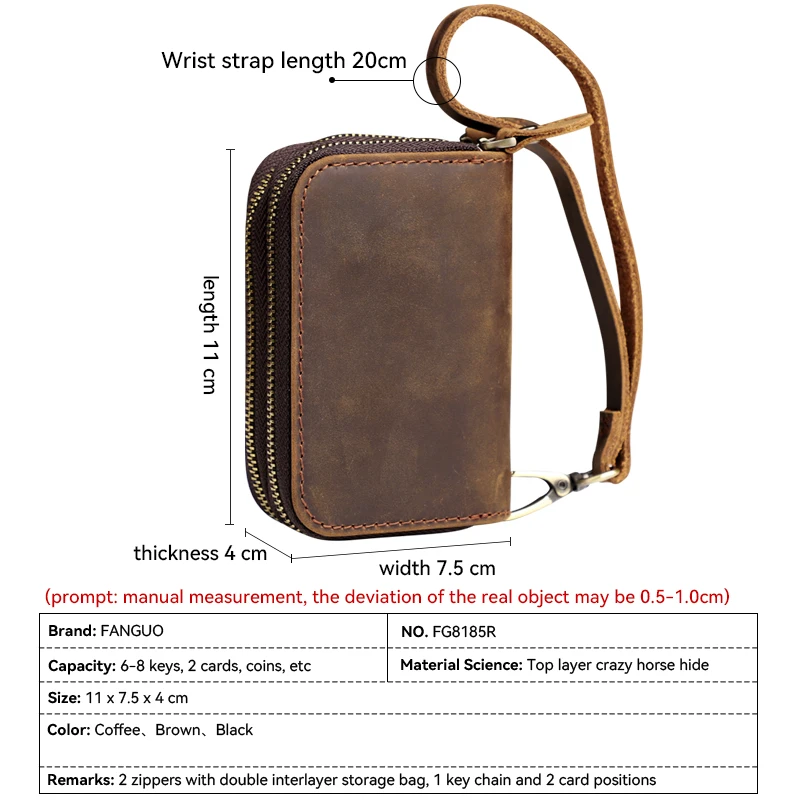 Classic Men's Coin Purse Handmade Genuine Leather Household Key Holder Wallet Double Zipper Card Slot Pouch Vintage Money Bag