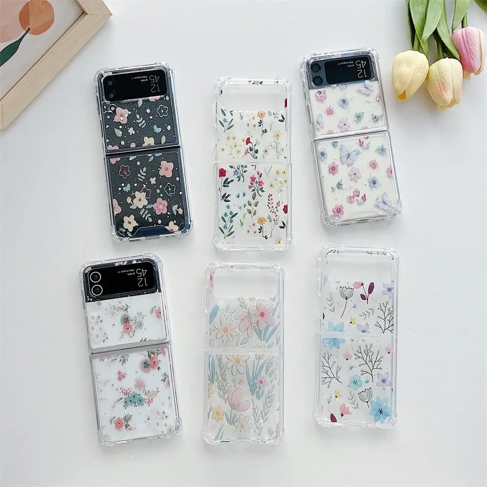 

For Samsung Galaxy Z Flip 4 3 Case Little Flower Painted Transparent Folding Shockproof Hard Back Cover For ZFlip4 Flip3 Cover