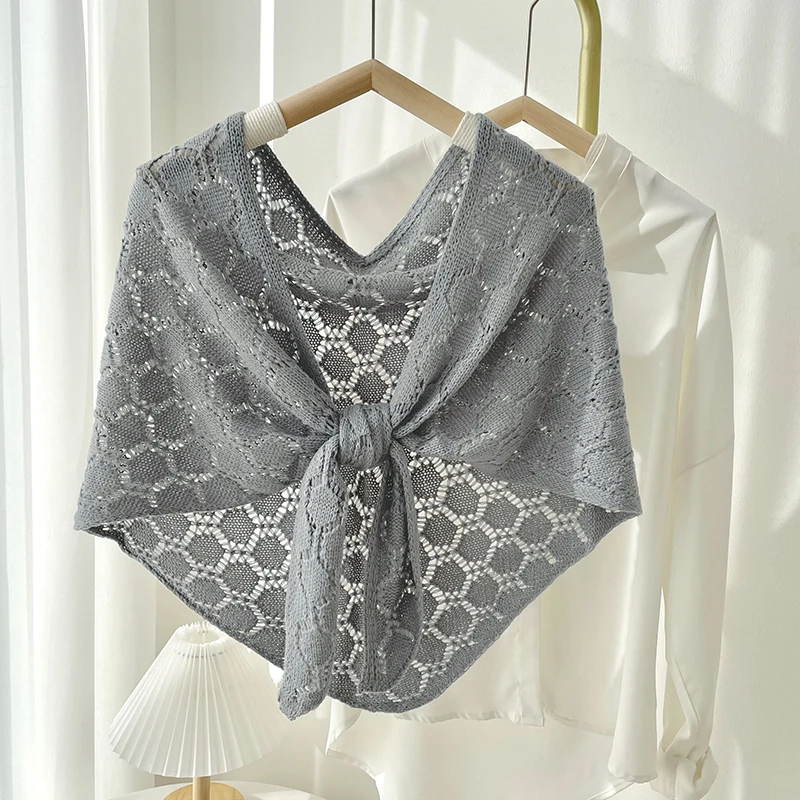 

Summer Air Conditioning Neck Protection Cape Women's Sun Cardigan Triangle Scarf Ice Silk lace Hollow Knit Sunscreen Shawl V36