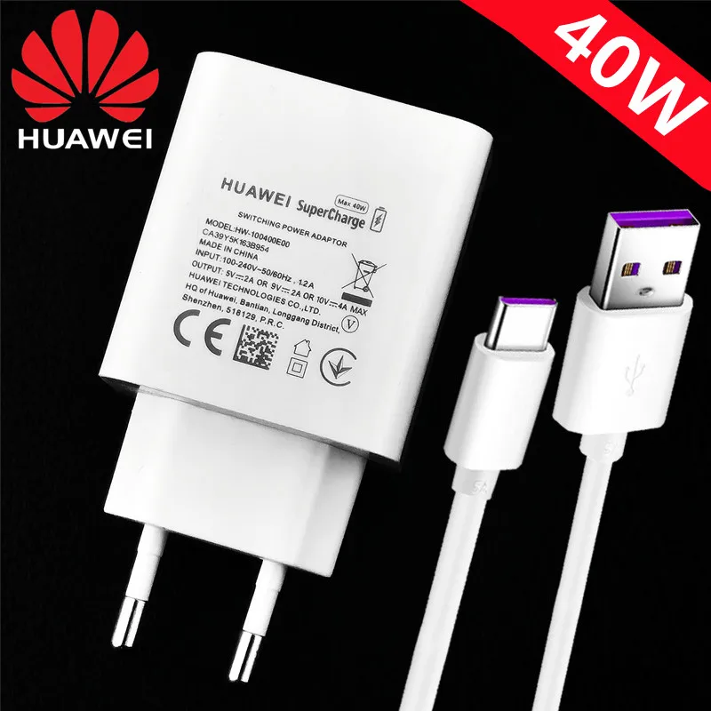 

Original Huawei SuperCharge Quick Charger 40W Max 10V 4A EU Charge Power Adapter 5A Usb Type C Cable For Mate 10 20 30 Pro P30