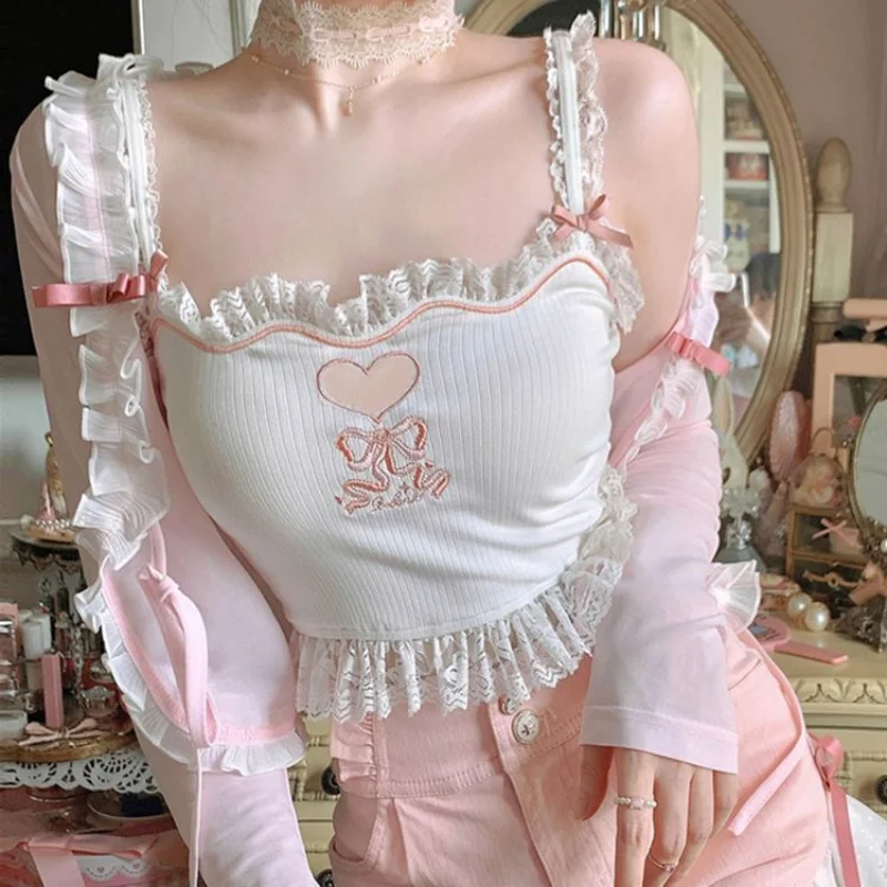 

Y2k Top Korean Style Sling Tops Cute Girl Kawaii Lace Love Bow Inside A Vest Women 90s Aesthetics France Princess Crops Top