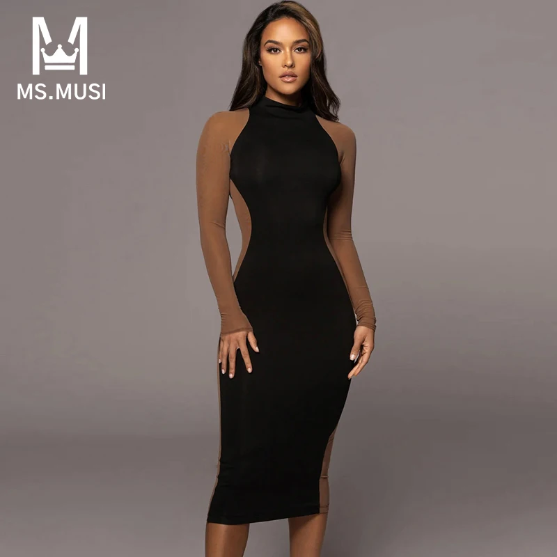 

MSMUSI 2023 New Fashion Women Sexy Black Patchwork Lace Mesh Long Sleeve Hollow Out Bandage Party Club Bodycon Event Midi Dress
