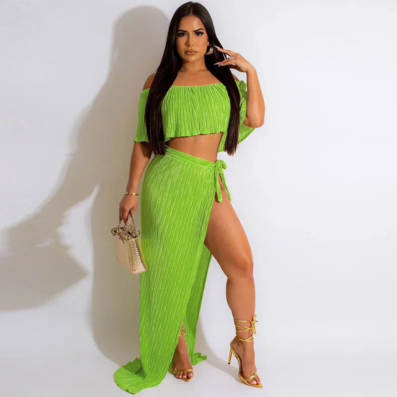 

Elegant Rib Long Maxi Dress Sets for Women Two Piece Set Club Ruffles Strapless Backless Crop Top + Lace-up Slit Long Skirt Sets