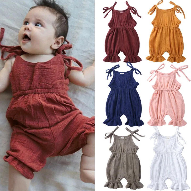 

Baby Girls Bodysuits Newborn Girl Cotton Sleeveless Solid Baby Sunsuit Outfits Clothes Summer Jumpsuit Linen Romper