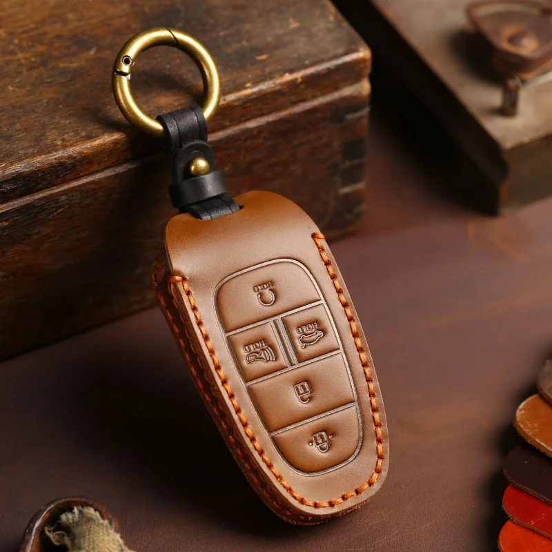 

For Fob Car Key Case Cover Leather Keychain Holder for Hyundai Tucson Staria Sonata Hybrid Nexo Nx4 Grand Santa Fe Bag