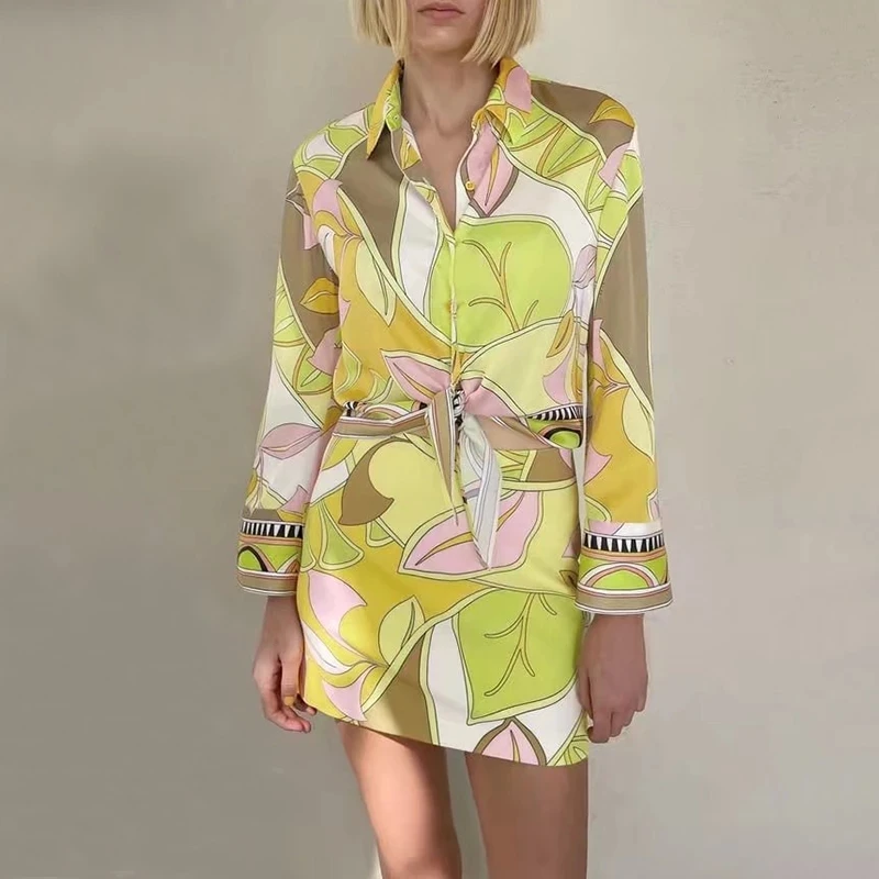 

Satin 2 Pieces Yellow Women Summer Skirt Suit Printed Pajamas Sets Long Sleeve High Waist Mini Skirts Female Fashion Streetwear