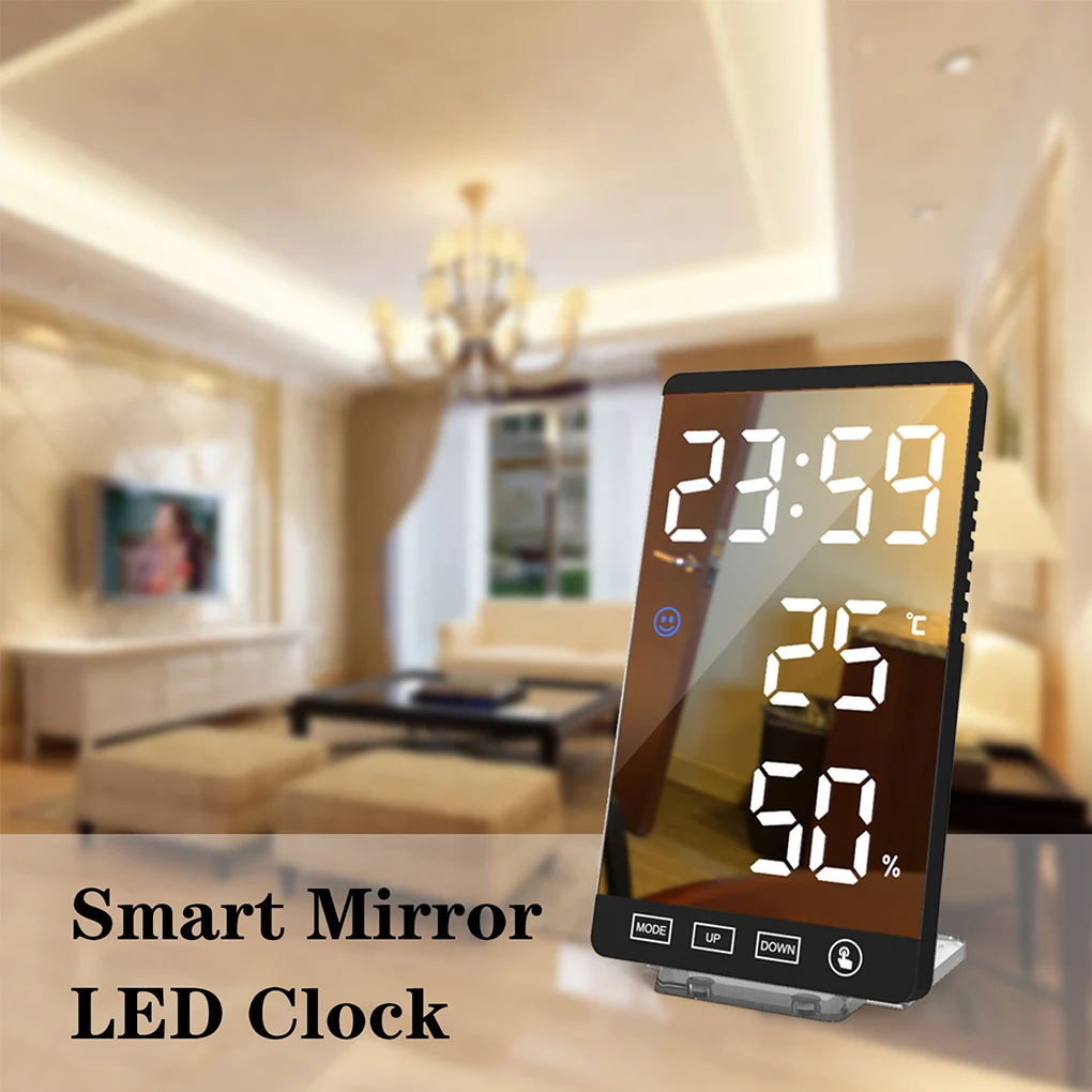 6 Inch LED Mirror Alarm Clock Touch Button Wall Digital Clock Time Temperature Humidity Display USB Output Port Table Clock