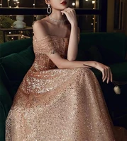 elegant gold gradient sequins prom dresses off shoulder luxury tulle a line banquet party celebrity evening gowns robe de soiree