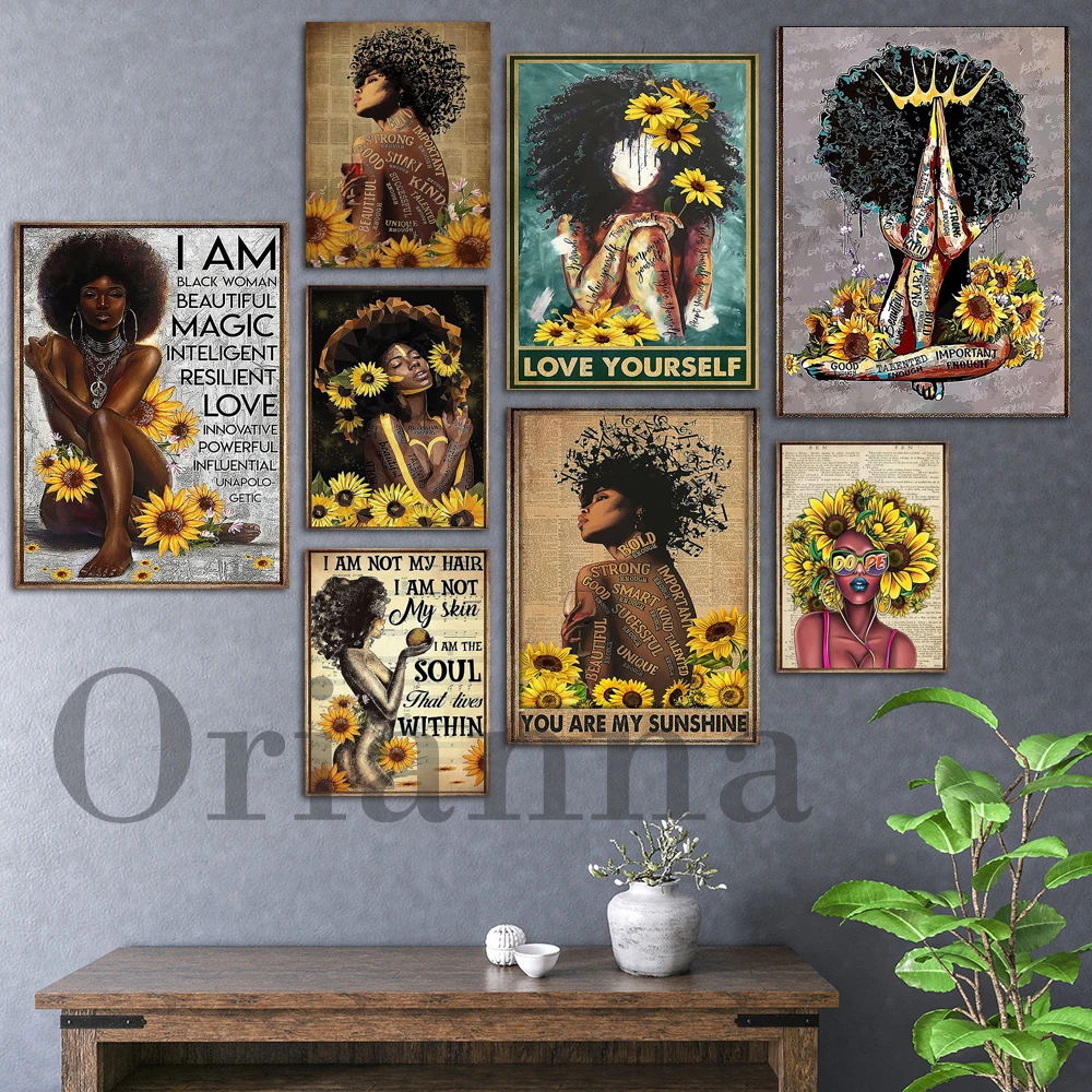 

Sunflower Black African Girl Black Queen Wall Art Gift For International Womens Day Feminist Poster Bathroom Bedroom Decor Print