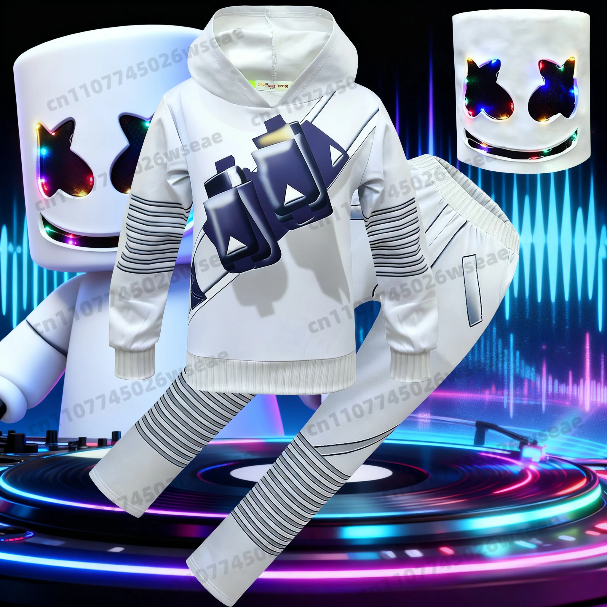 Фото Новинка 2025, детский костюм электронной звуковой певицы для DJ Marshmello, костюм для мальчиков и девочек на Хэллоуин, Рождество, карнавальный костюм для вечеринки, комплект с капюшоном №1