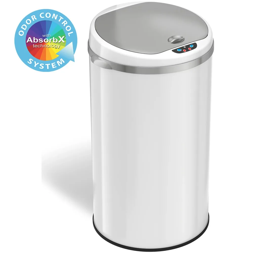 

iTouchless 8 Gallon Round Matte White Steel Sensor Trash Can with Deodorizer