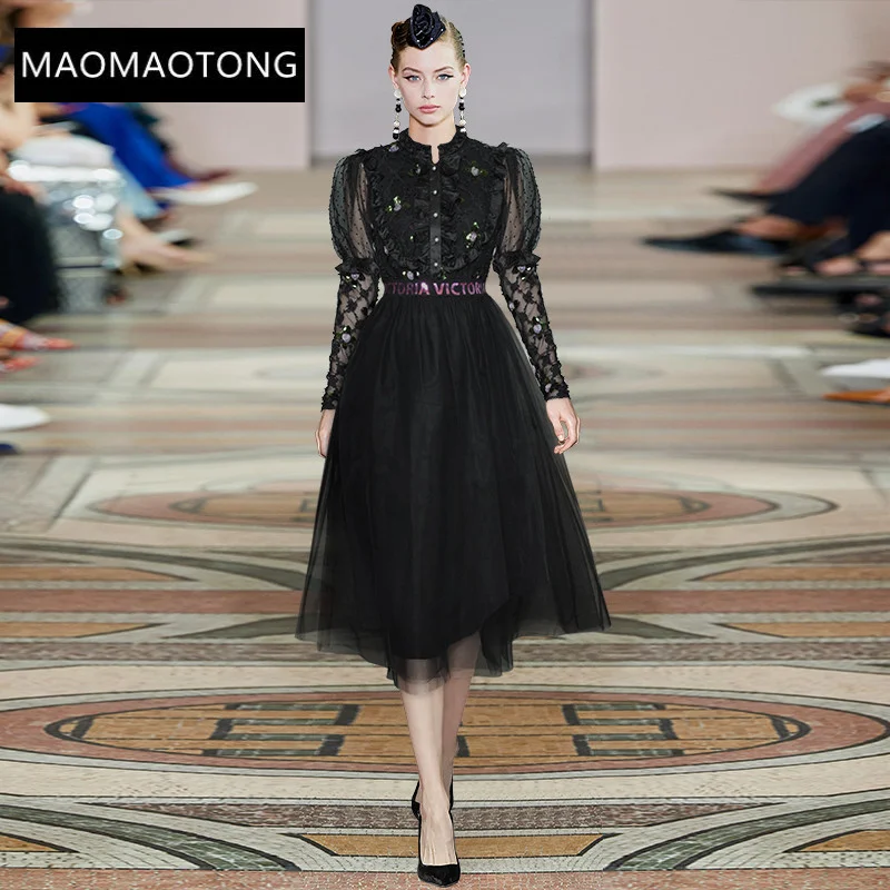 

Fashion Designe Summer Dress women's Stand Collar Puff sleeve Sequins Embroidery Lace Black Midi Party Dress