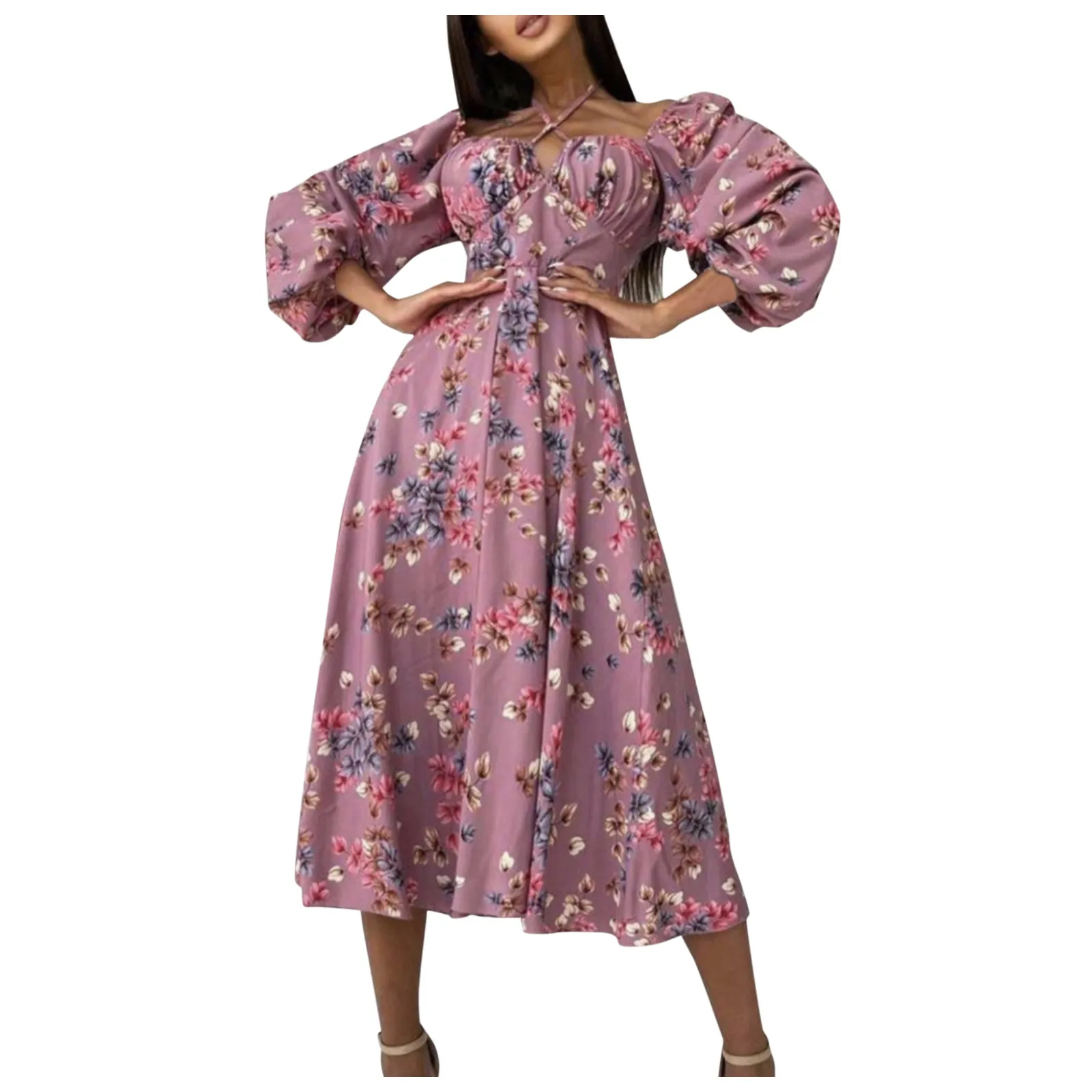 

Women Summer Dress Flower Printed Long Dress Long Sleeve Bandage Button Casual Beach Dress Soft And Cold Fenimine Vestidos Women