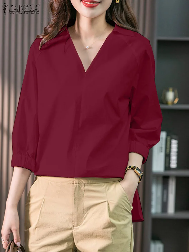 

ZANZEA Women V Neck Solid Blouse Summer Work Shirt OL Blusas Female Elegant Office Tunic Tops Fashion Holiday Shirts Mujer Femme