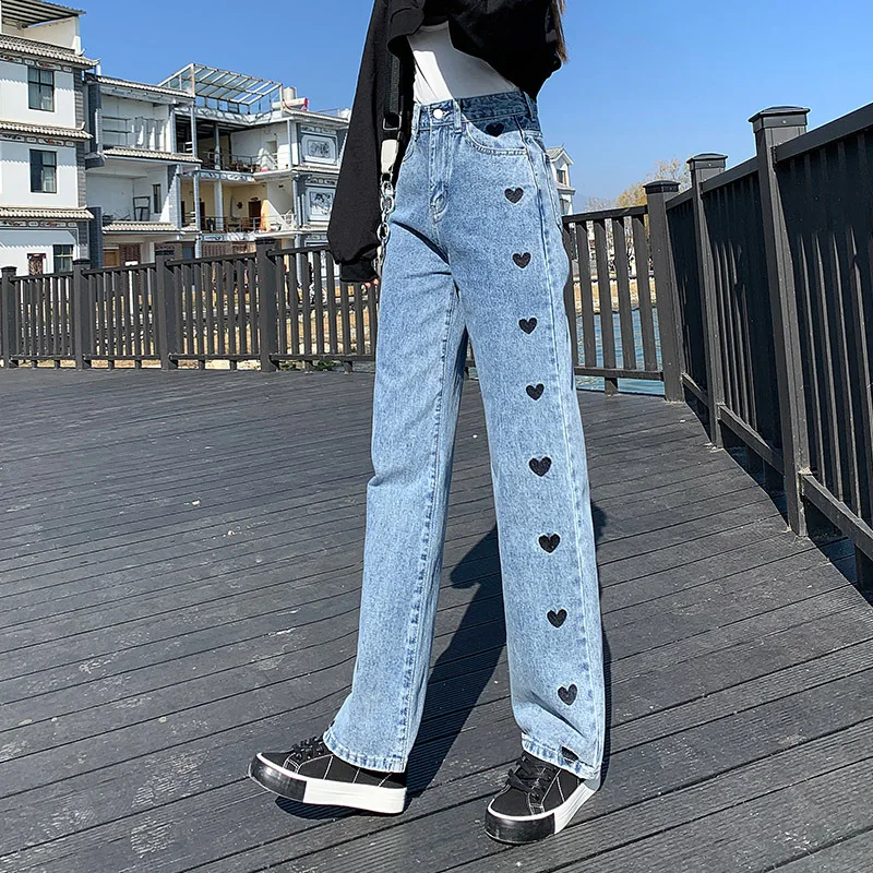 

Blue Fashion Wide Leg Pants Heart Print Loose Y2k Jeans Women 2021 New Spring Autumn Vintage High Waist Trousers Indie Plus Size