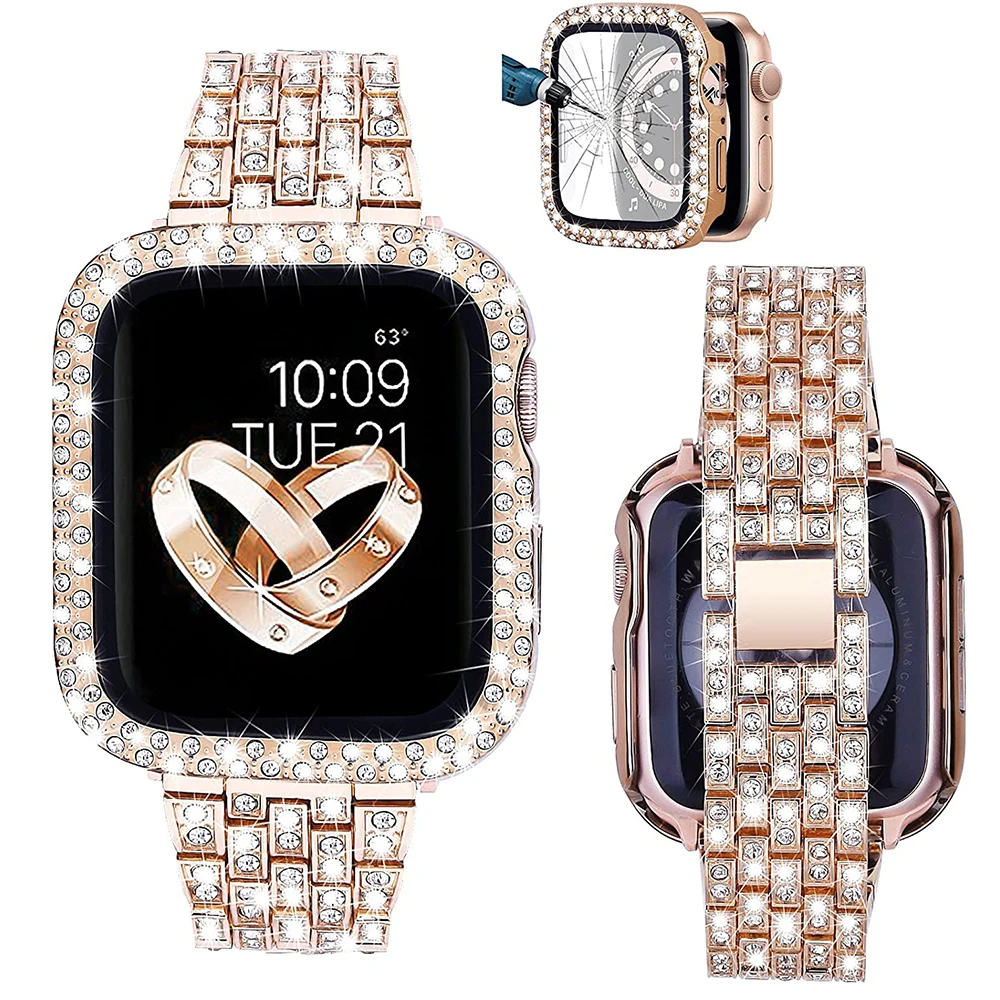 Women's Diamond Case + Strap for Apple Watch Band 8 7 6 41mm 45mm 40mm 44mm Metal Bracelet for iWatch Series 7 SE Jewelry Cover