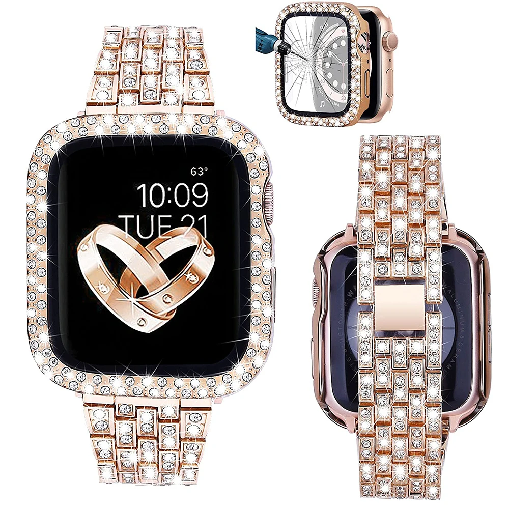 Женский Алмазный чехол + ремешок для Apple Watch Band 8 7 6 41 мм 45 40 44 металлический браслет