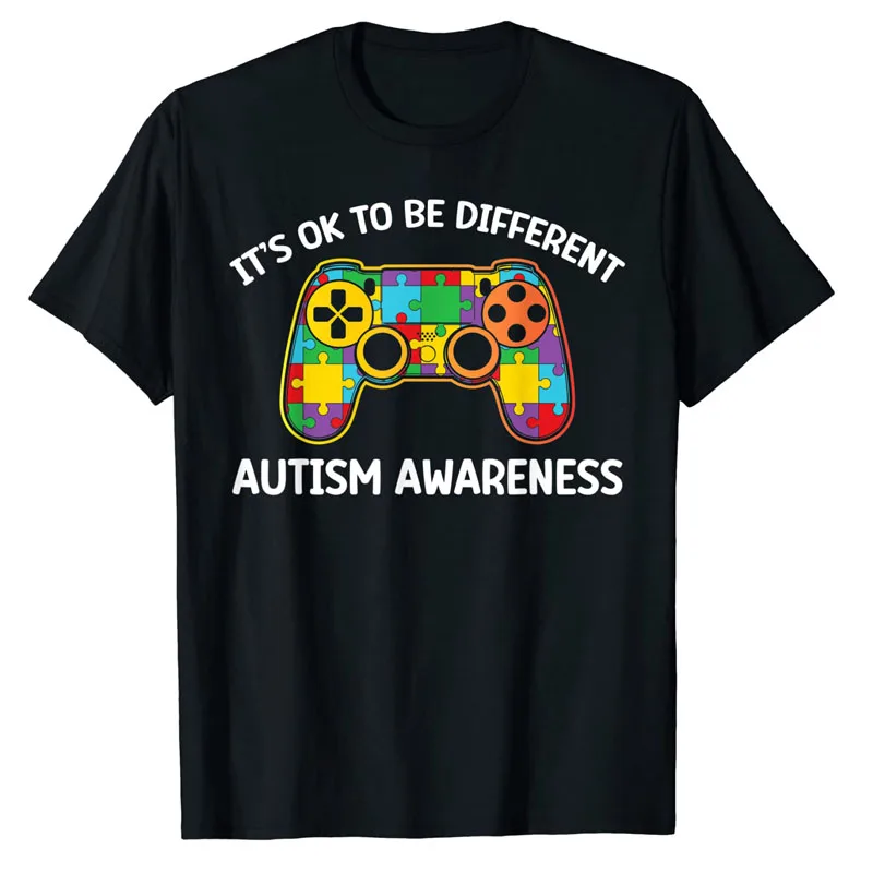 

Autism Awareness Its Ok To Be Different Gamer T-Shirt In April We Wear Blue Autism-Awareness Month Sayings Graphic Tee Tops