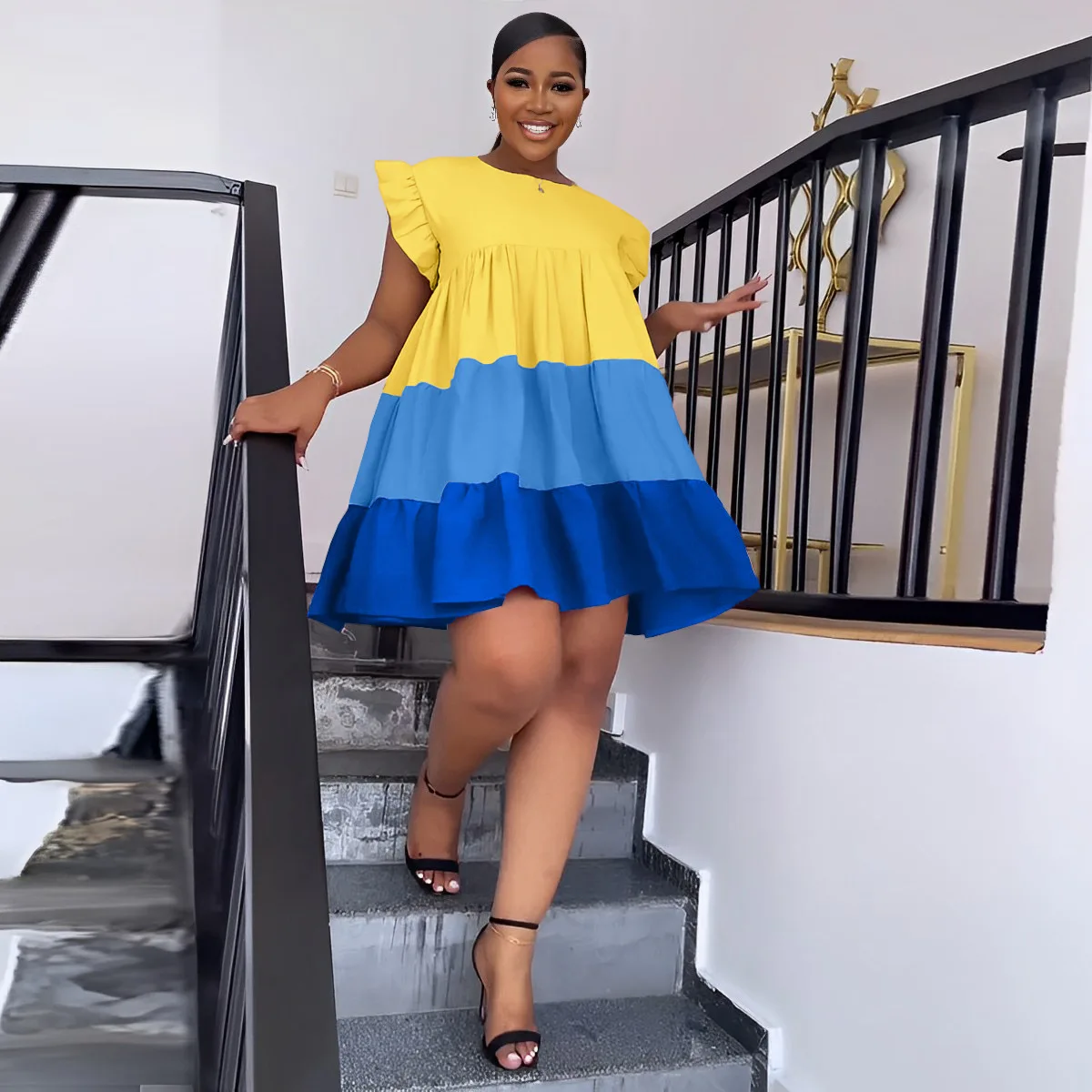 

2023 Elegant Women Fashion Mini Vestidos Loose Party Dress Summer New Ruffles Short Sleeve O-neck Patchwork Hit Color Dress