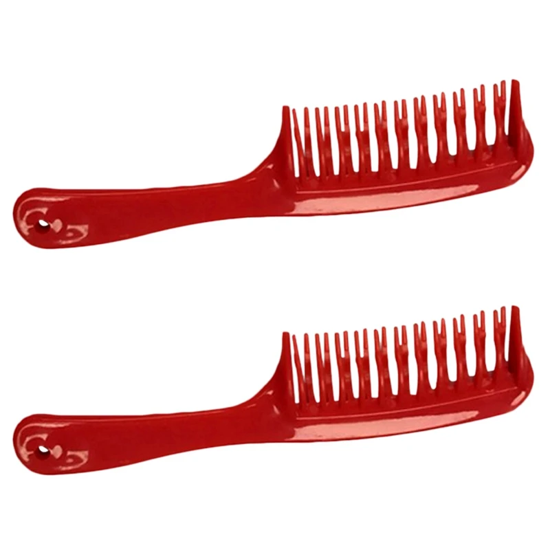

2X Red Double Row Tooth Detangler Hair Comb Shampoo Comb With Handle For Long Curly Wet Hair