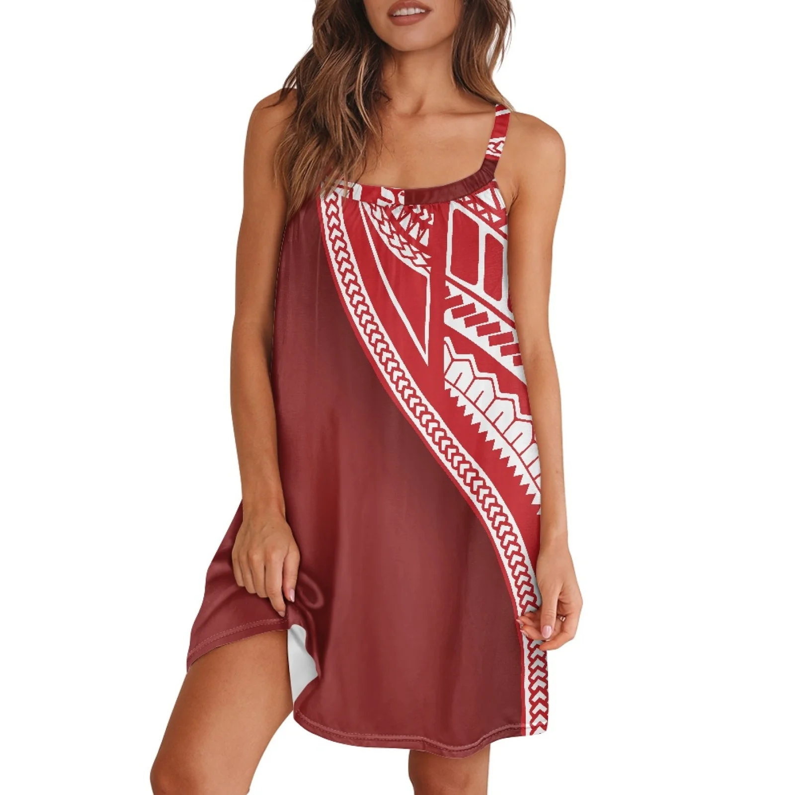 

Polynesian Tribal Fijian Totem Tattoo Fiji Prints Ruffle Edge Loose Round Neck Slip Dress Knee-High Gym Party Red White Stripe