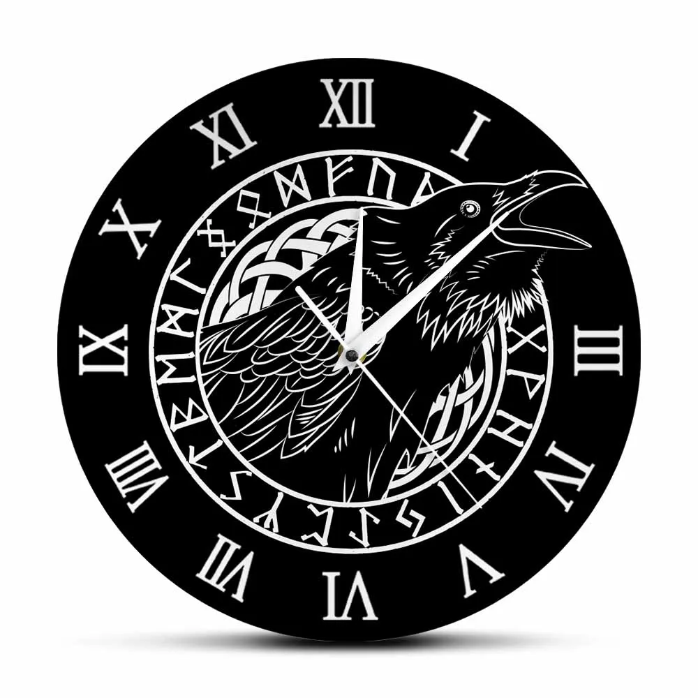 

Odin Raven with Scandinavian Runes Silent Sweep Wall Clock Norse Nordic Home Decor Ancient Crow Viking Runes Black Wall Watch