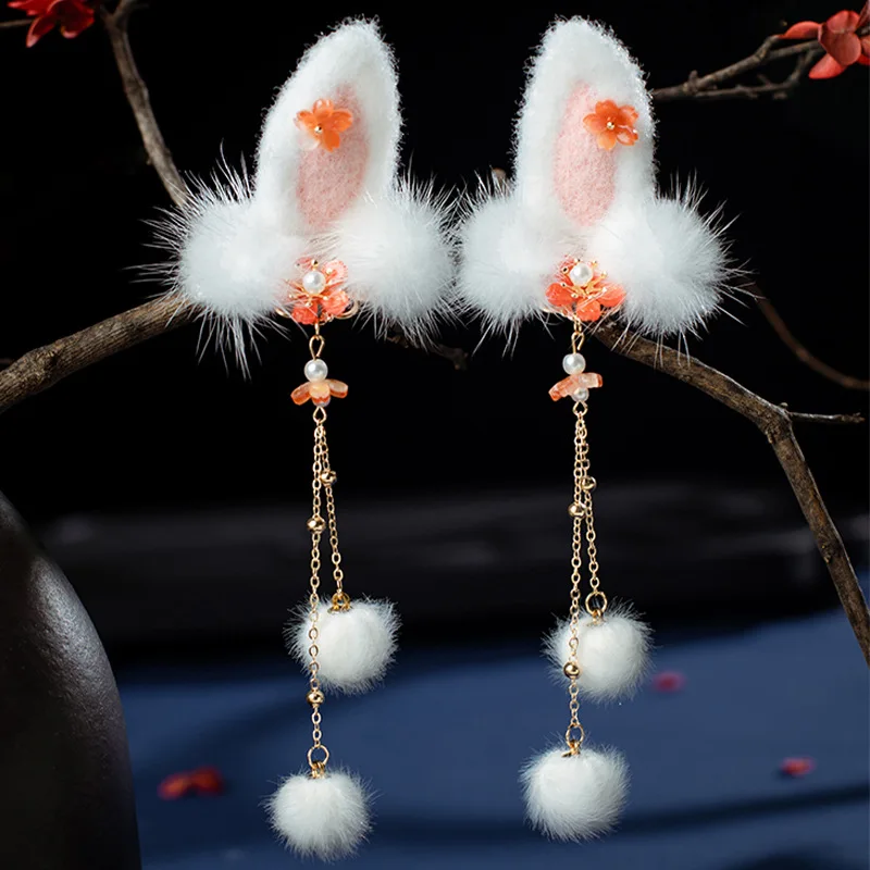 

Winter Rabbit Ear Hair Ball Ancient Style Hair Clip Rabbit Ear Flower Plush Clip Tassel Cat Ear Clip New Hanfu Hair Accessories