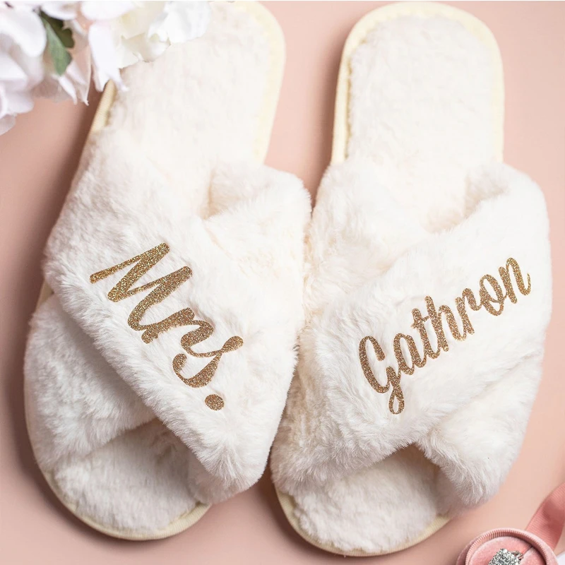 

Custom Cross Fluffy Plush Slippers for Women Warm and Soft Female House Shoes Wedding Trip Slippers Winter