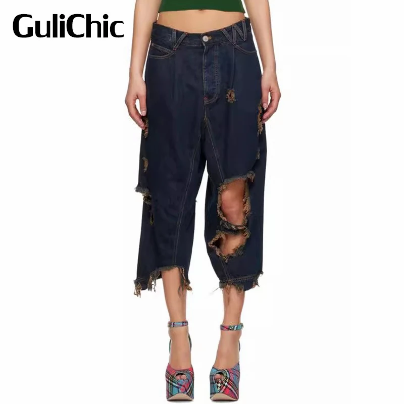 

6.15 GuliChic Women Vintage Washed Distressed Denim Letter Embroidery Ripped Hole Hollow Out Frayed Casual Straight Jeans
