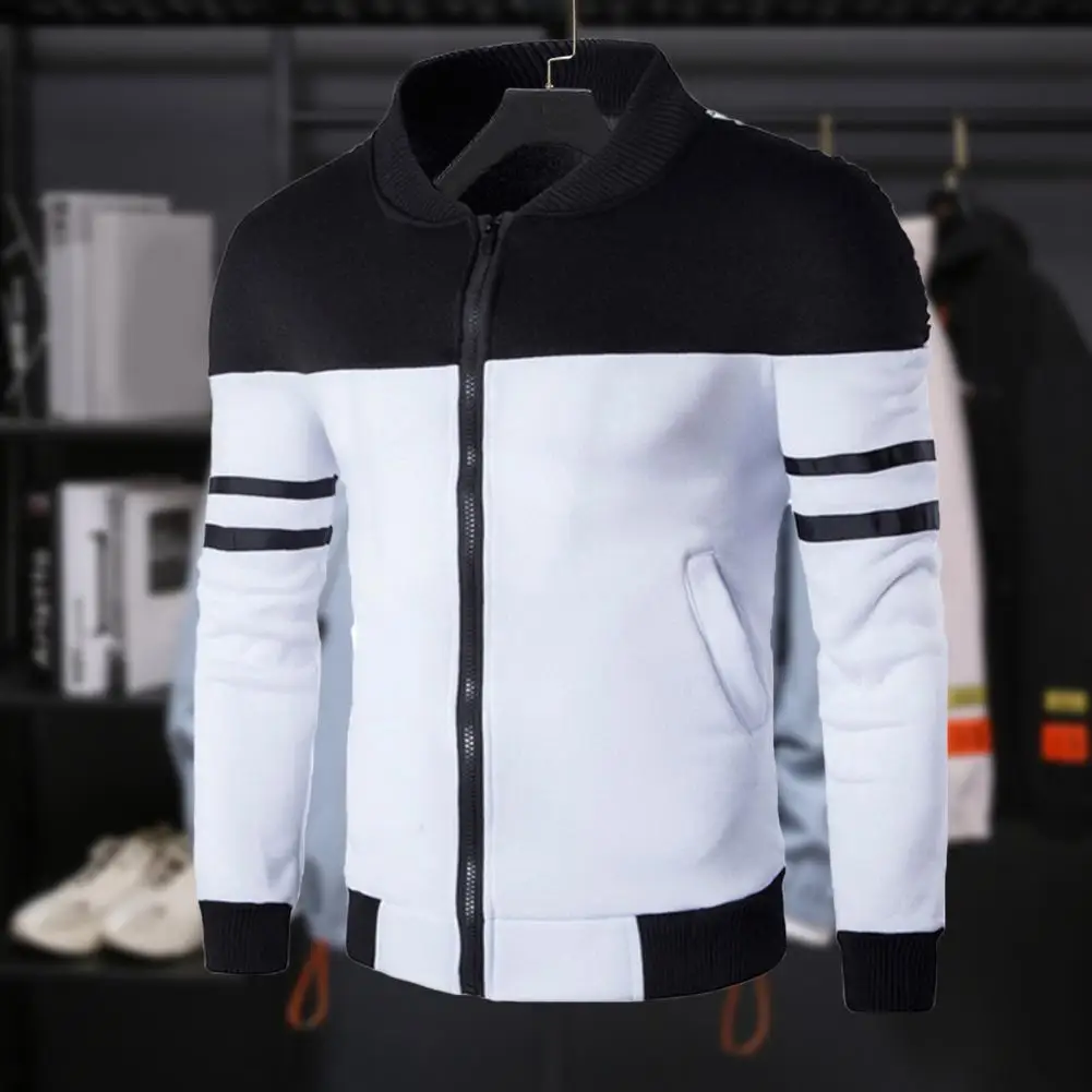 

Chic Autumn Coat Streetwear Striped Zip Up Spring Jacket Long Sleeves Patchwork Men Autumn Coat for Home