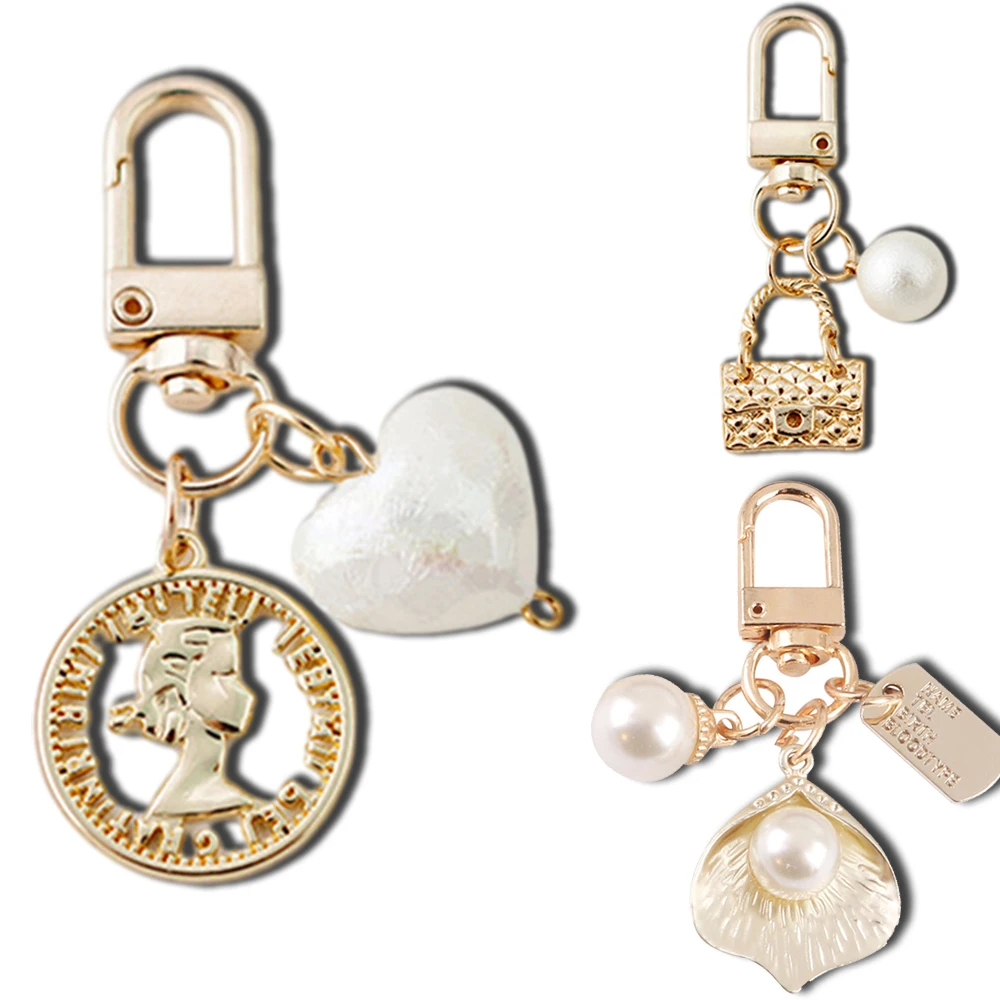 

Metal Handbag Shape Keychain Temperament Imitation Pearl Heart Keyring For Girl Bag Deco Lettering Square Pendants Key Holder
