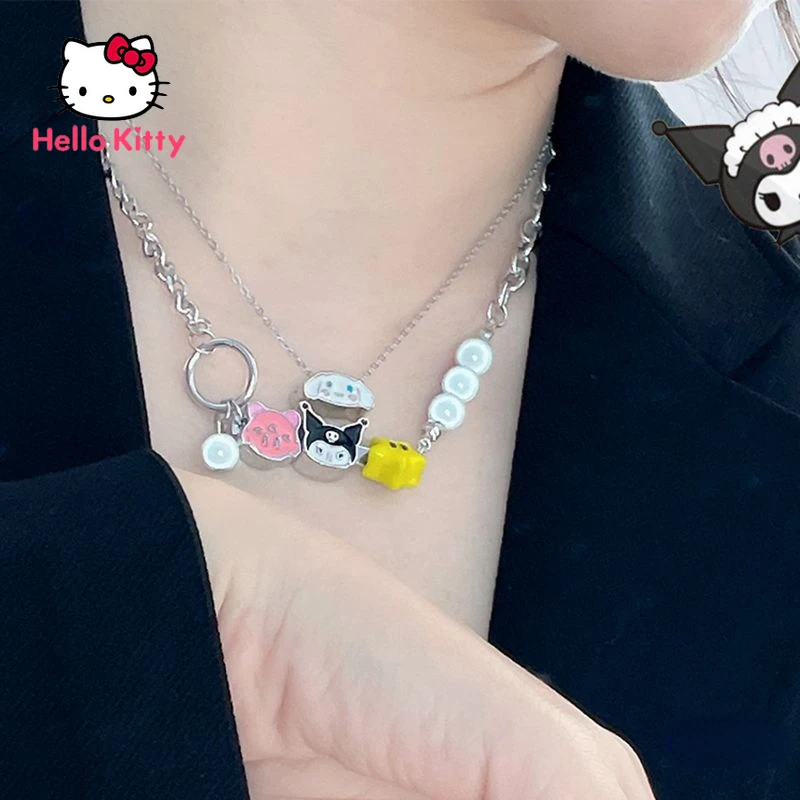 

Hello Kitty Kuromi Necklace Metal Cartoon Pearl Beads Collarbone Chain Double Chain Chain Design Y2k Hip Hop Charm Jewelry