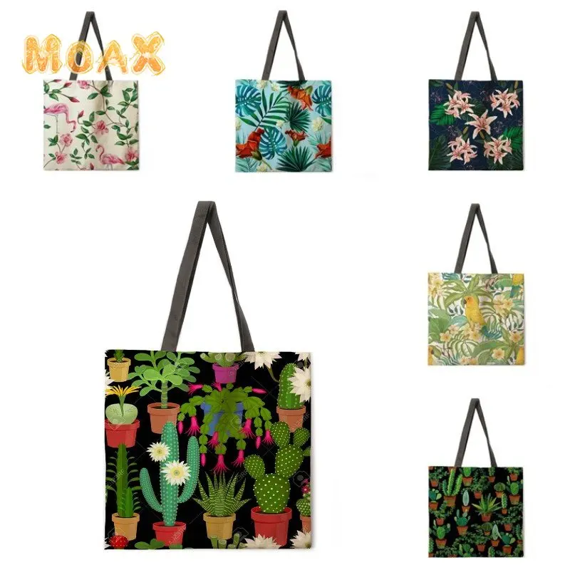 

Green Plants Print Shoulder Bag for Women Folding Shopping Bags Leisure Ladies Handbags Portable Eco Reusable Trip Storage Bags