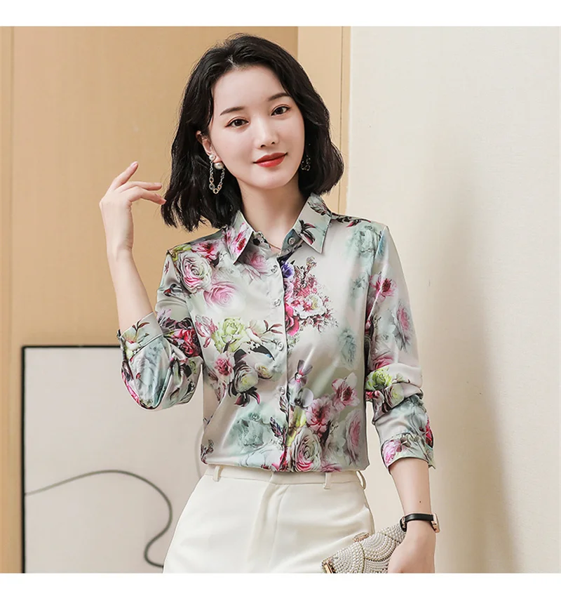 Женская винтажная атласная рубашка с цветочным принтом повседневная роскошная