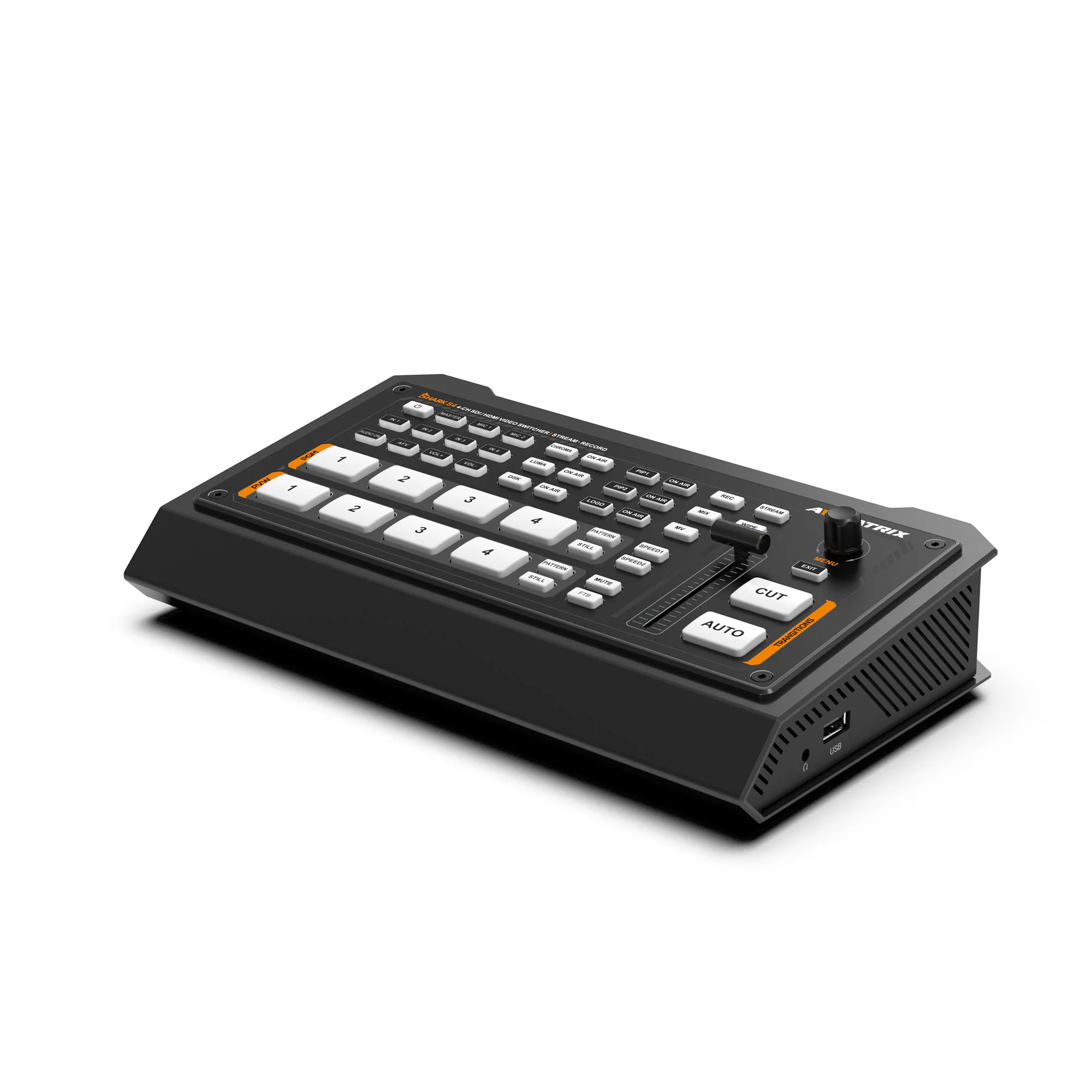 Фото Видеомикшер Avmatrix SHARK S4 для HDMI и 3G-SDI входов, прямая трансляция, RTMP/SRT, лумо- и хромакей-клавиши, металлический корпус, функция записи №4