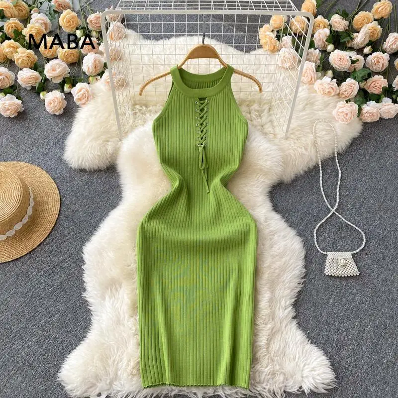 

Women Summer Sexy Knitted Spaghetti Strap Dress 2022 New Ladies Sleeveless Off Shoulder Slim Waist Bandage Mini Sweater Dress