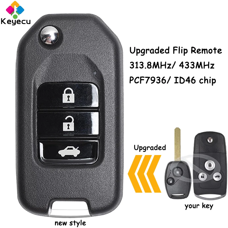 

KEYECU Upgraded Flip Remote Car Key With 3 Buttons 313.8MHz 433MHz ID46 Chip for Honda 2013 CRV Fit Accord Fob FCC#: MLBHLIK-1T