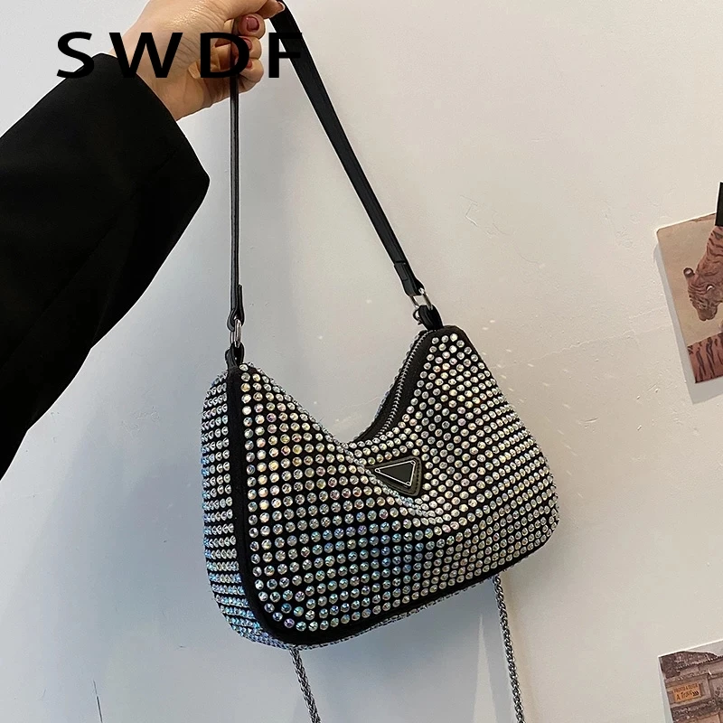 

Маленькие женские сумки-мессенджеры через плечо с украшением в виде бриллиантов, лето 2022, модные роскошные дорожные сумки на плечо, кошельк...