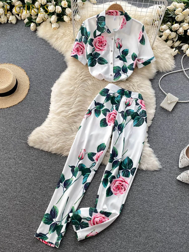 

J GIRLS Women Floral Two Piece Set Office Ladies Printed Turn-Down Single Breasted Tops + High Waist Wide Leg Pants Suit New