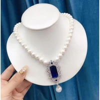 9 10mm white akoya natural freshwater pearl blue crystal zircon pendant nelace