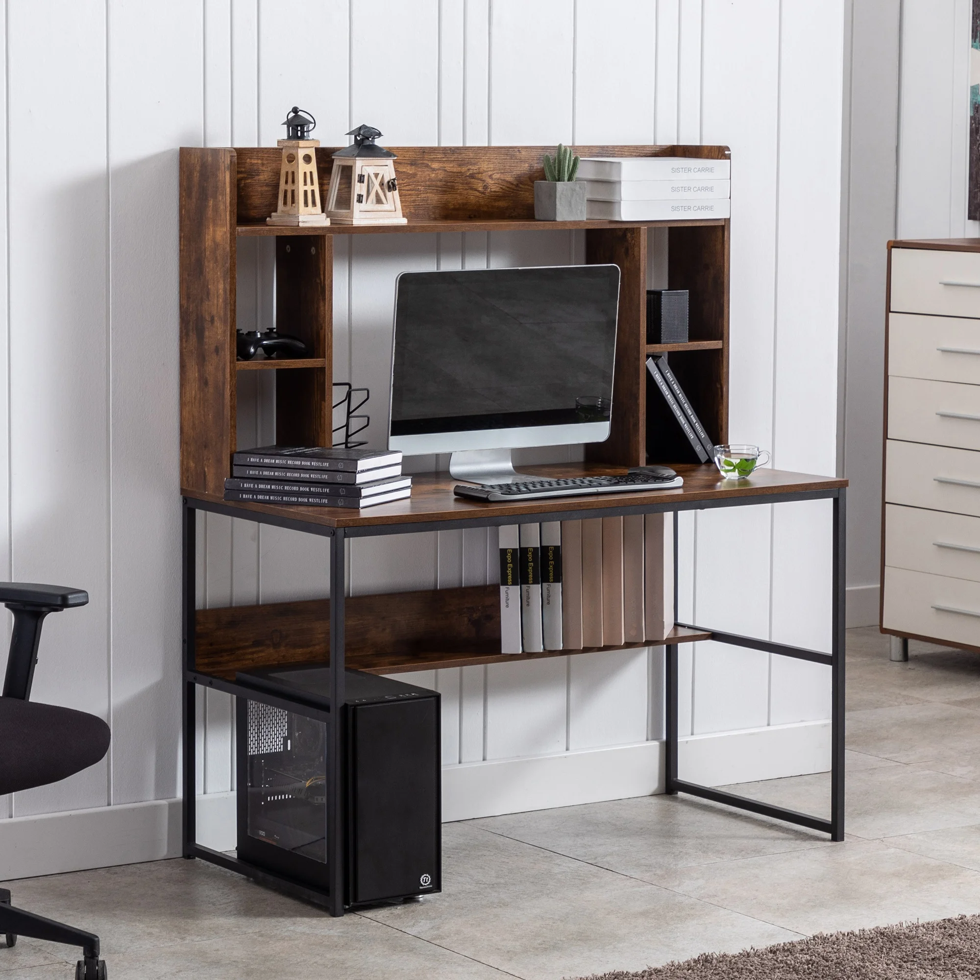 

Home Office Desk Large Workstation with Storage Shelves, 47 inch Study Table with Hutch, Brown Desktop Black Frame